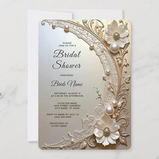 Invitación Ducha de Novia con Flores Blancas Modernas y Perla (Anverso)