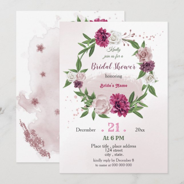 Invitación ducha de novia con flores de mauve rosa (Anverso / Reverso)