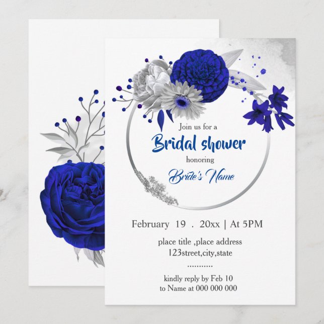 Invitación ducha de novia con flores de plata azul real (Anverso / Reverso)