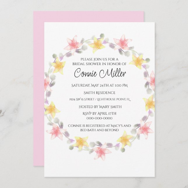 Invitación Ducha de Novia con Flores Lindas de Rosa y Amarill (Anverso / Reverso)