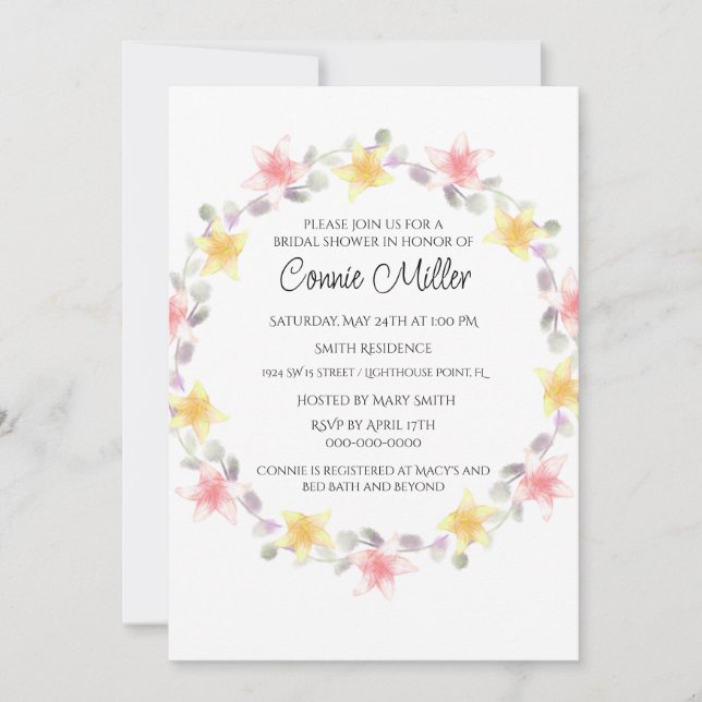 Invitación Ducha de Novia con Flores Rosadas y Amarillas de L (Anverso)