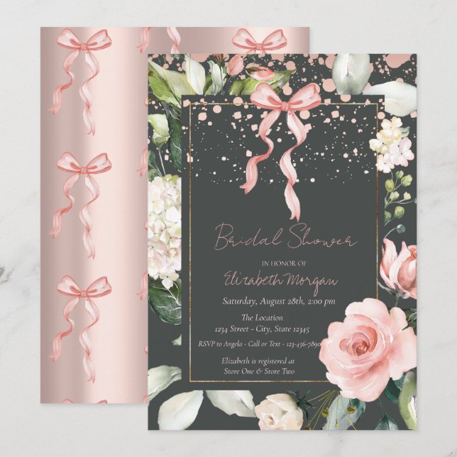 Invitación Ducha de Novia con Flores Rosadas y Lunares de Arc (Anverso / Reverso)