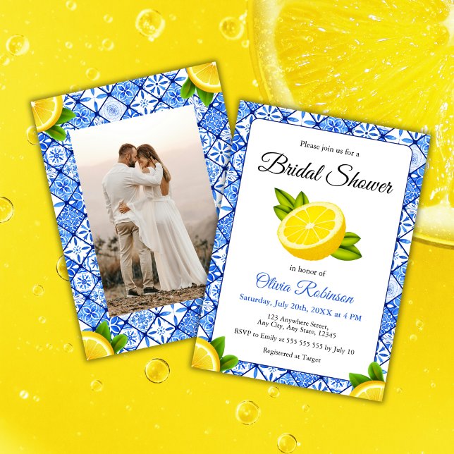 Invitación Ducha de novia con foto de limón azul mediterráneo (Mediterranean Italian Blue Tile Lemon Photo Bridal Shower Invitation   )