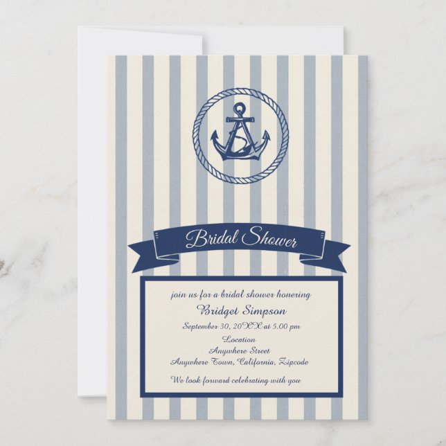 Invitación ducha de novia con franja de ancla marítimo de des (Anverso)