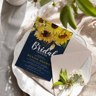 Invitación Ducha de Novia con Girasoles Rústicos, Azul Marino