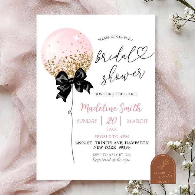 Invitación Ducha de novia con globo rosa Coquette Bow (Subido por el creador)