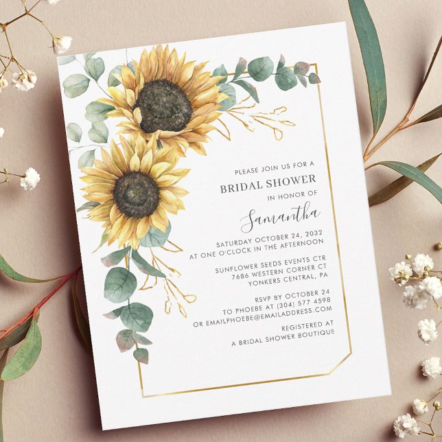 Invitación Ducha de novia con guión floral de girasol (Floral Sunflower Eucalyptus Script Bridal Shower Invitation)