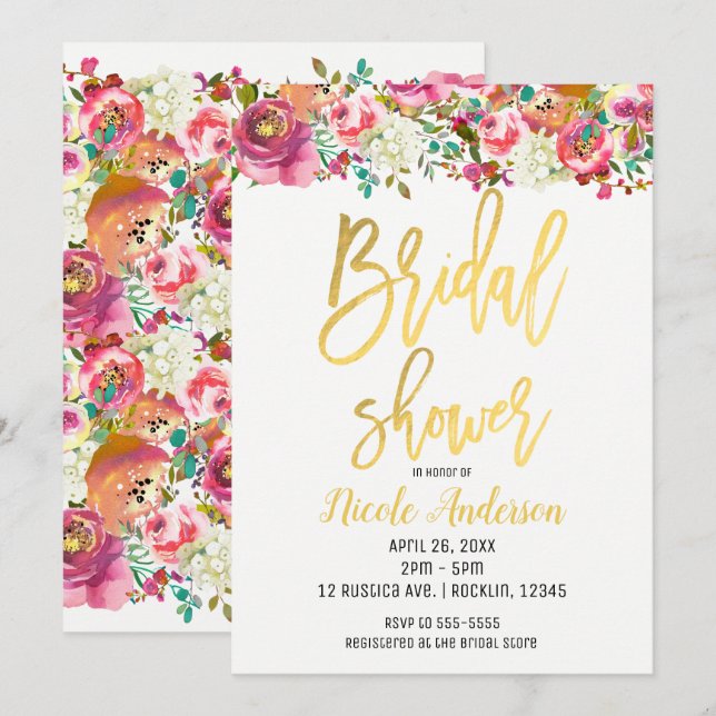 Invitación Ducha de Novia con Hojuela Dorada Floral Moderno y (Anverso / Reverso)