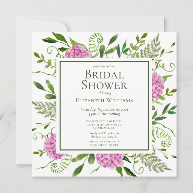 Invitación Ducha de Novia con Hortensias Rosas (Anverso)
