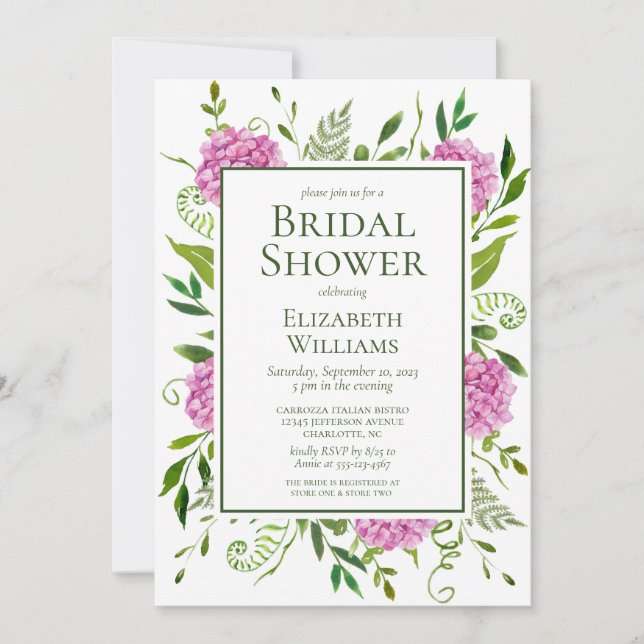 Invitación Ducha de Novia con Hortensias Rosas (Anverso)