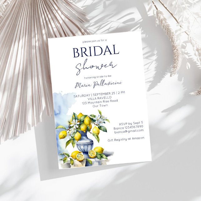 Invitación Ducha de novia con jarrón azul de Amalfi (Amalfi Italian blue ceramic vase with lemons bridal shower Invitation template instant download)