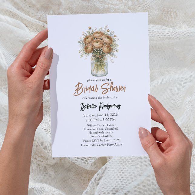 Invitación Ducha de Novia con Jarrón de Mason de Ranunculus e (Brown Palette Ranunculus Mason Jar Bridal Shower Invitations
)