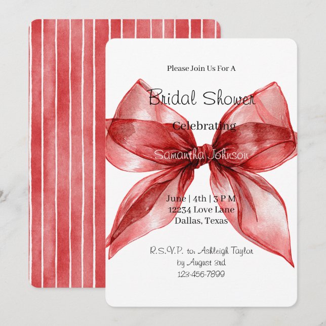 Invitación Ducha de Novia con Lazo de Moño Rojo (Anverso / Reverso)