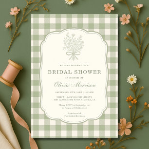 Invitación Ducha de Novia con Lazo Floral en Verde Salvia a C