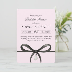 Invitación Ducha de Novia con Lazo Negro y Perla al Estilo Ol