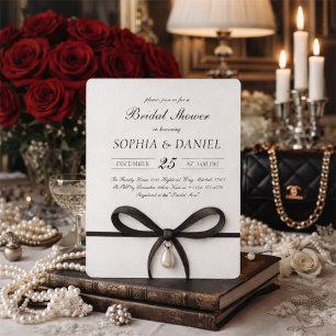 Invitación Ducha de Novia con Lazo Negro y Perla Estilo Old M