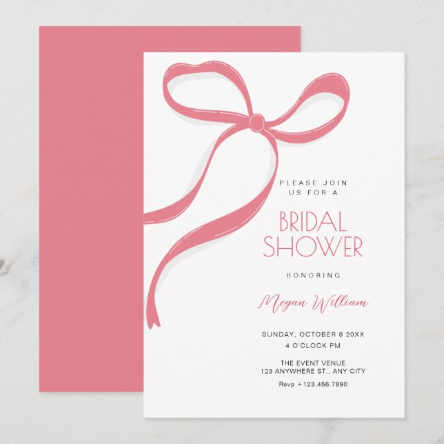 Invitación Ducha de novia con lazo rosa (Anverso / Reverso)