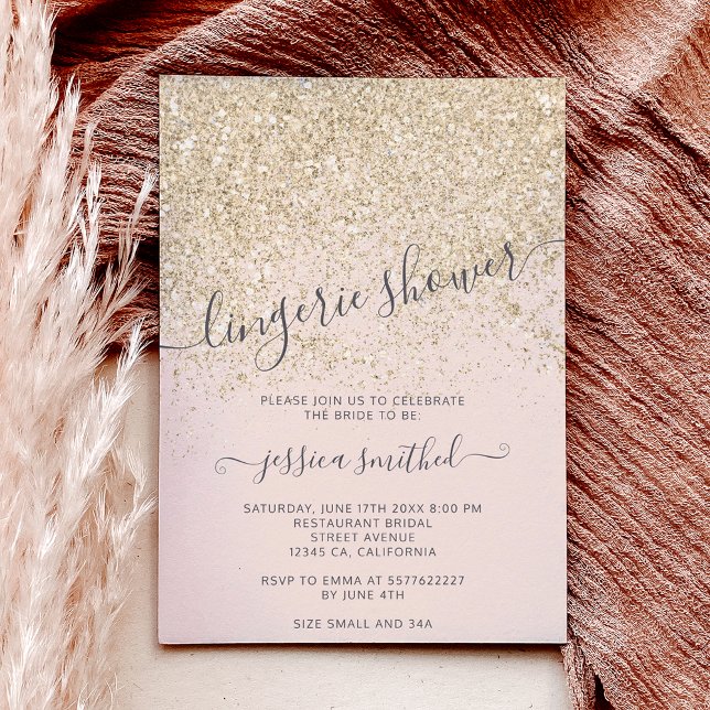 Invitación ducha de novia con lencería rosa y dorada purpurin (glitter light gold pink lingerie bridal shower invitation)