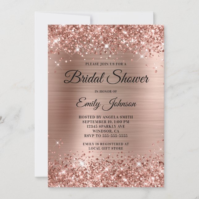 Invitación Ducha de Novia con Letra Fancy de Oro Rosa Brillan (Anverso)