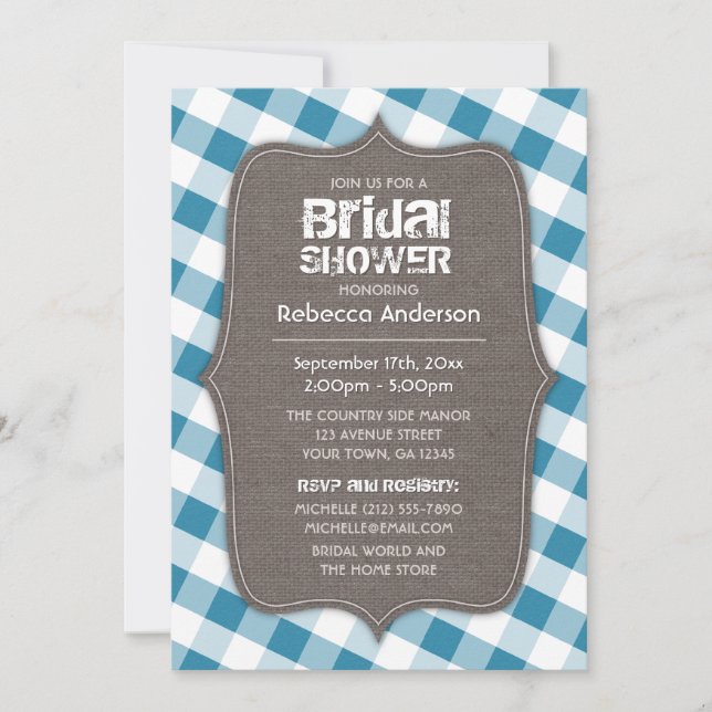 Invitación Ducha de novia con lienzo de Gingham azul y blanco (Anverso)