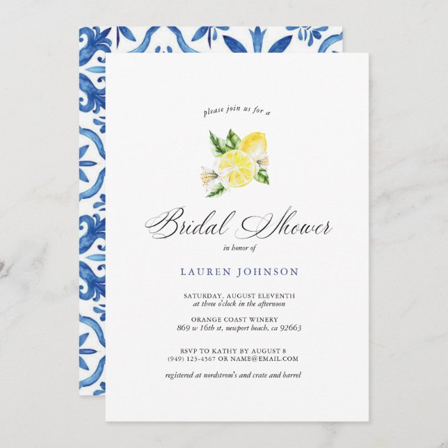 Invitación Ducha de novia con limón de verano y azulejos medi (Anverso / Reverso)