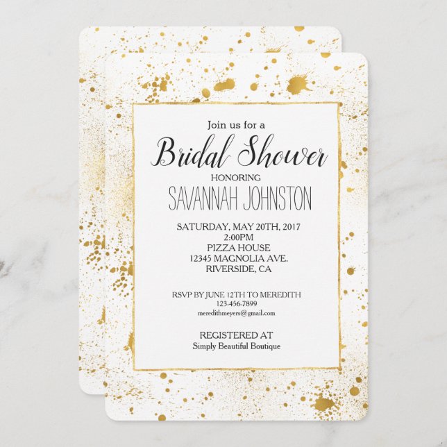 Invitación Ducha de novia con manchas de oro (Anverso / Reverso)
