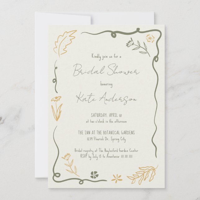 Invitación Ducha de novia con marco de esgrima floral dibujad (Anverso)