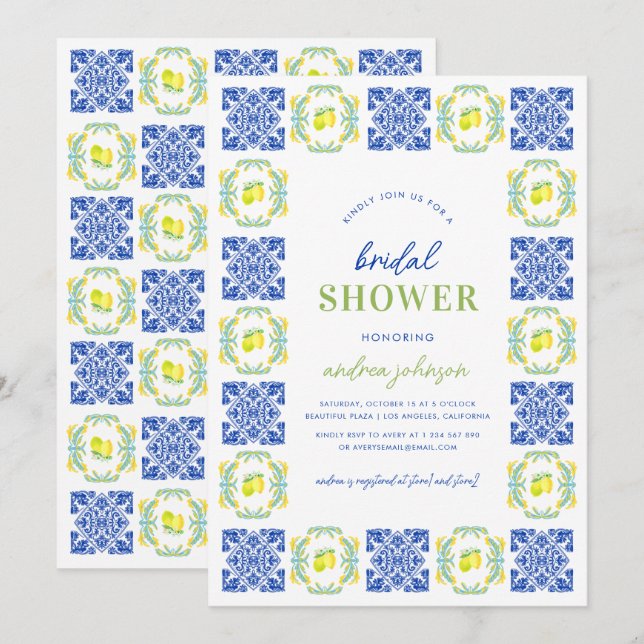Invitación Ducha de novia con marco de limón azul italiano (Anverso / Reverso)