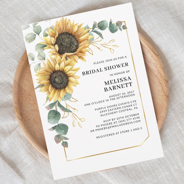 Invitación Ducha de novia con marco dorado de Eucalipto de gi (Sunflower Eucalyptus Script First Last Name Bridal Shower Invitation)