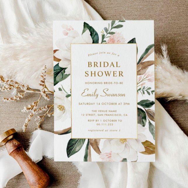 Invitación Ducha de novia con marco dorado de magnolias blanc (Subido por el creador)