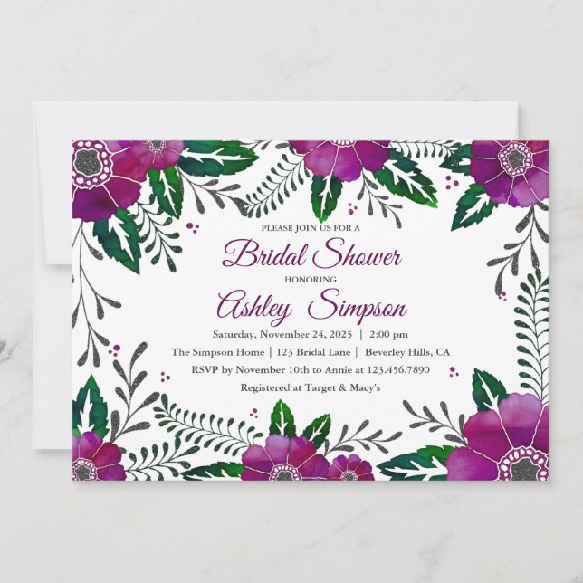 Invitación Ducha de novia con marco floral morado (Anverso)
