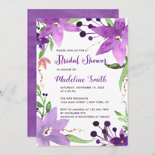 Invitación Ducha de novia con marco floral púrpura (Anverso / Reverso)