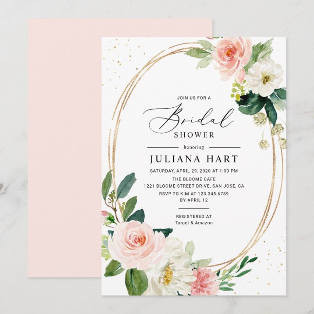 Invitación Ducha de novia con marco geométrico de floral rosa (Anverso / Reverso)