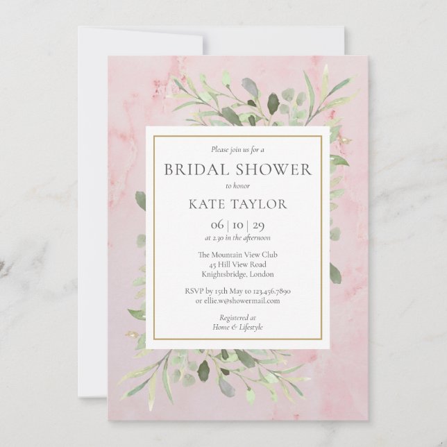 Invitación Ducha de Novia con Mármol Acuarela Rosa y Verdor (Anverso)