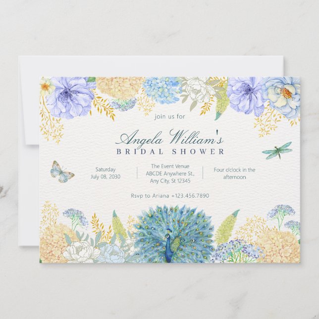 Invitación Ducha de novia con mosca de dragón floral acuática (Anverso)