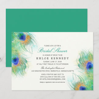 Invitación Ducha de novia con plumas de pavo real verde azula