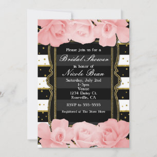 Invitación Ducha de Novia con Rosas Rosadas Rayas Negras y Do