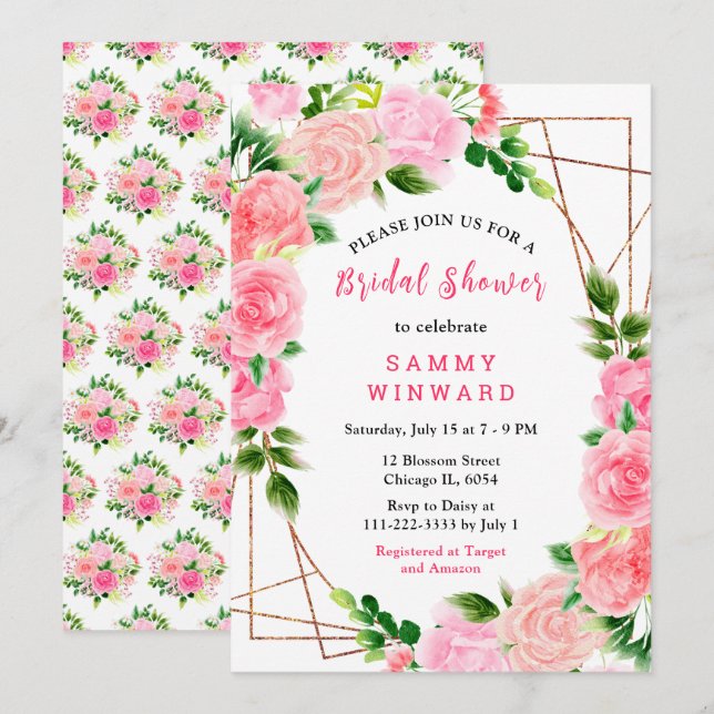 Invitación Ducha de Novia con Rosas Rosadas y Follaje (Anverso / Reverso)