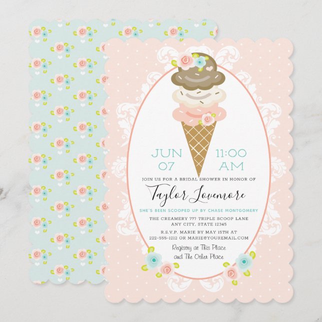 Invitación Ducha de novia con tema de crema de hielo floral (Anverso / Reverso)