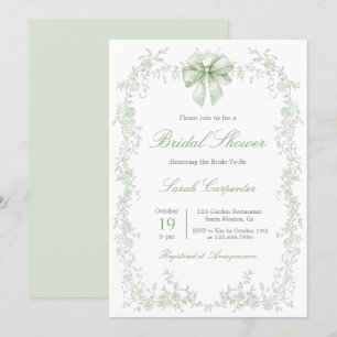 Invitación Ducha de Novia con Toile Verde Salvia y Lazo