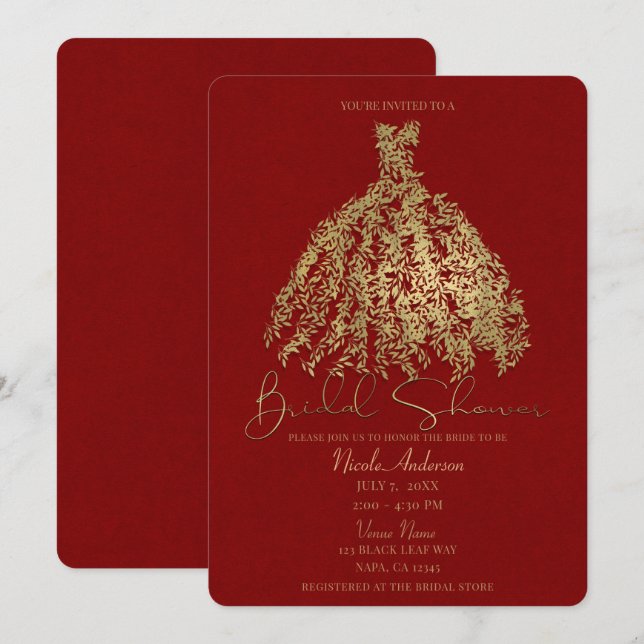 Invitación Ducha de novia con vestidos botánicos rojos dorado (Anverso / Reverso)