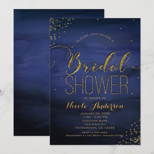 Invitación Ducha de Novia Confeti Azul Dorado Acuarela Modern (Anverso / Reverso)