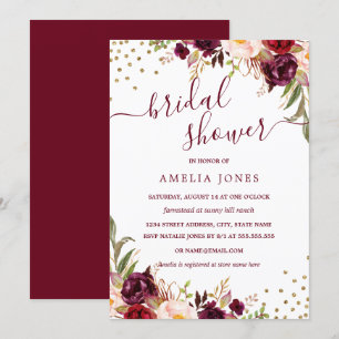 Invitación Ducha de Novia Confeti Dorado y Burgundy Floral