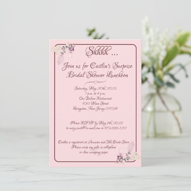 Invitación Ducha de novia, contorno rosado pastel (Anverso de pie)