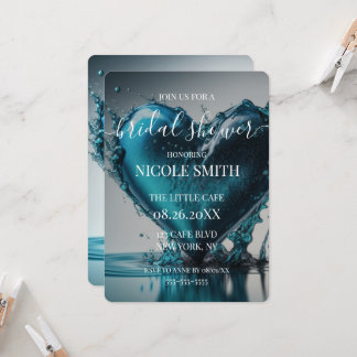 Invitación Ducha de Novia Corazón de Agua Azul Personalizada