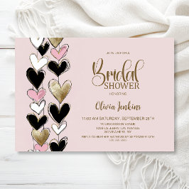 Invitación Ducha de Novia Corazones Negro Rosa Dorado