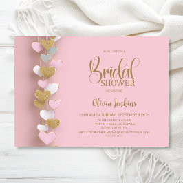 Invitación Ducha de Novia Corazones Rosa y Dorado