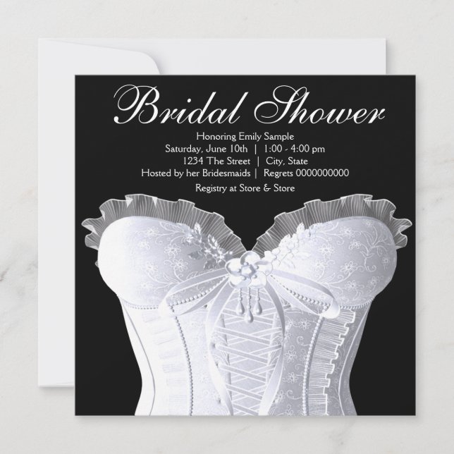 Invitación Ducha de Novia Corsé Blanco Damask (Anverso)