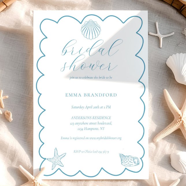 Invitación Ducha de Novia Costera Doodle Azul Blanco (Coastal Doodle Blue White Bridal Shower Invitation)