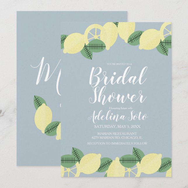 Invitación Ducha de Novia Country Limón Boho Rubor Azul (Anverso / Reverso)